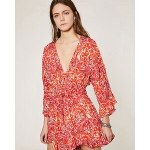 IRO Rhodey Frayed Ruffle Trim Crepe Playsuit 44 Red Romper Floral 12